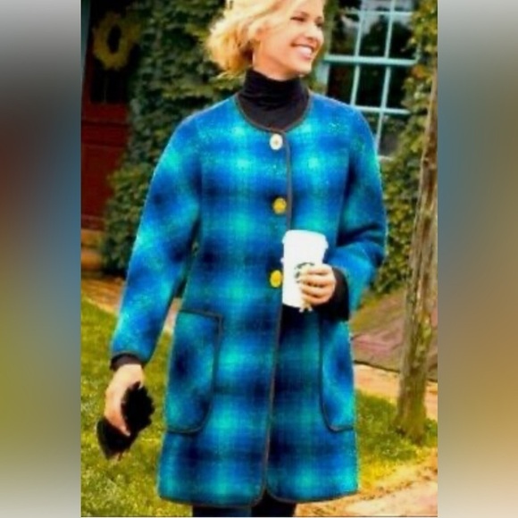 SOFT SURROUNDINGS Blue Boucle Plaid Coat Size XS - Picture 1 of 9